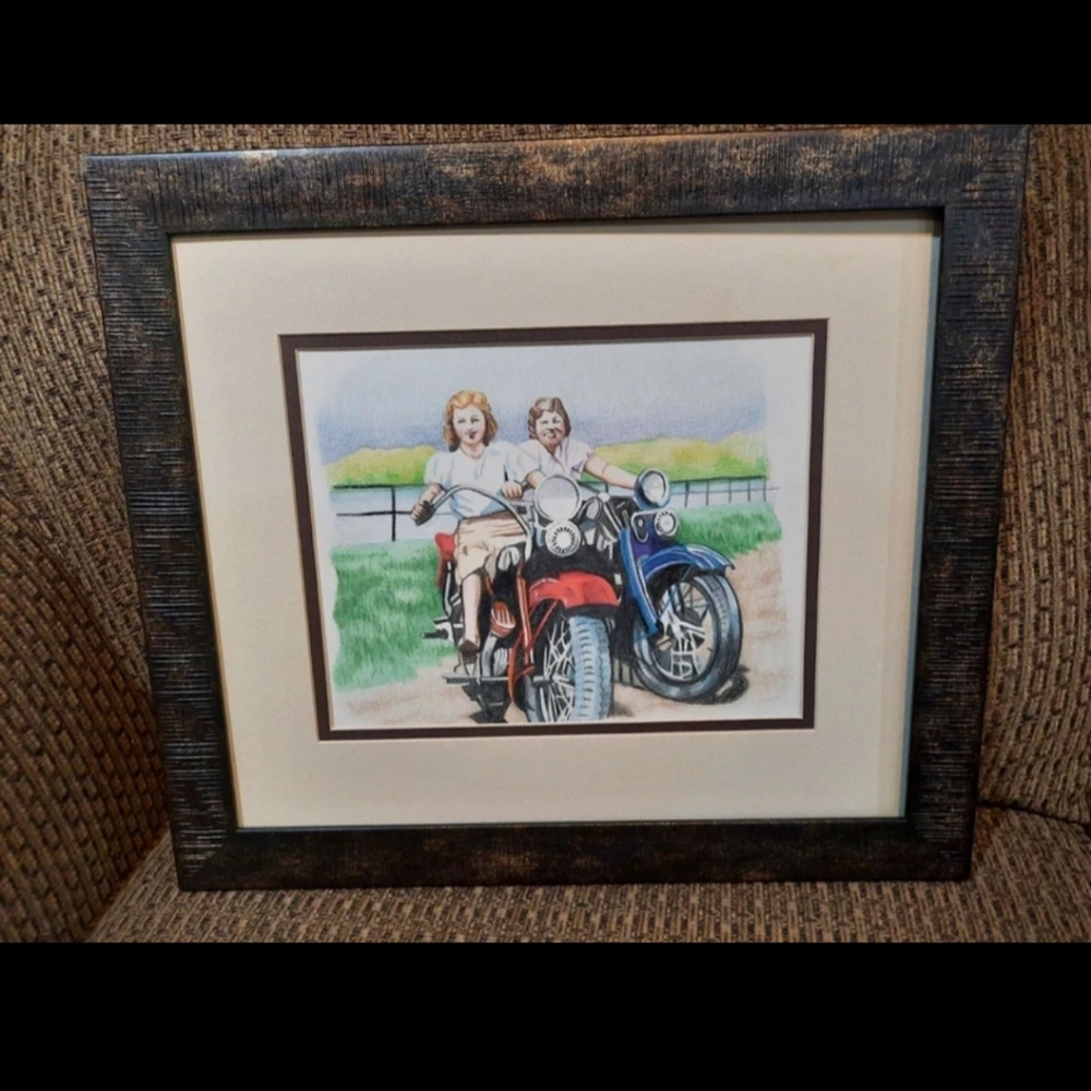 Original framed art Motorcycle Mamas biker chick Old Fashioned